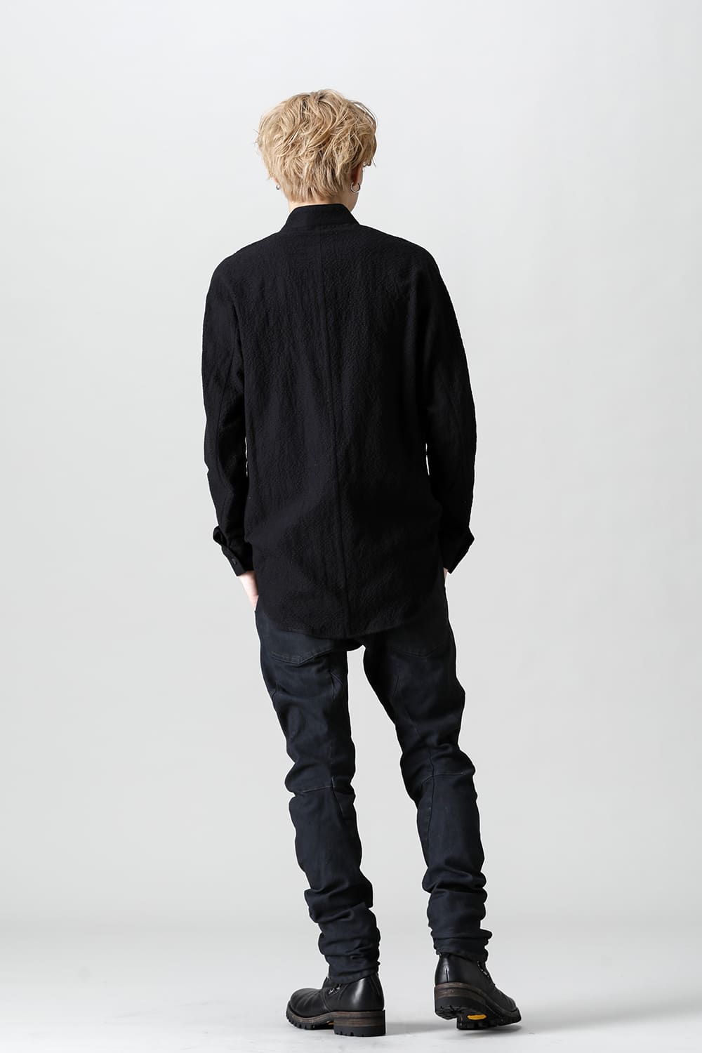 Wool x Cotton Dimple Washer Band Collar Shirt Black