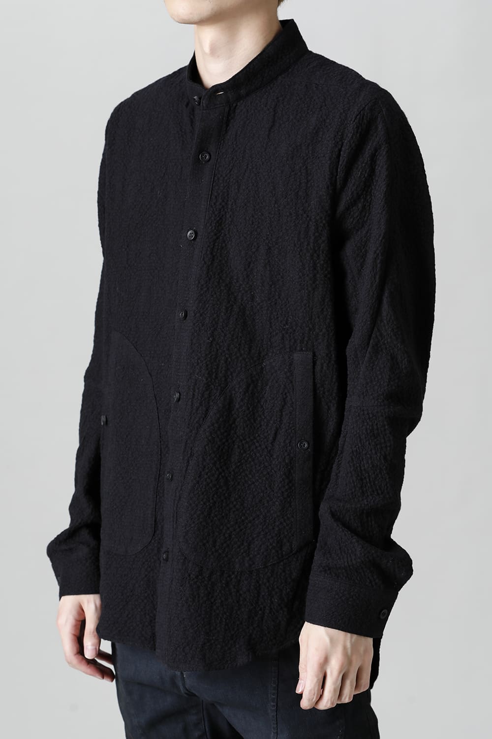 Wool x Cotton Dimple Washer Band Collar Shirt Black