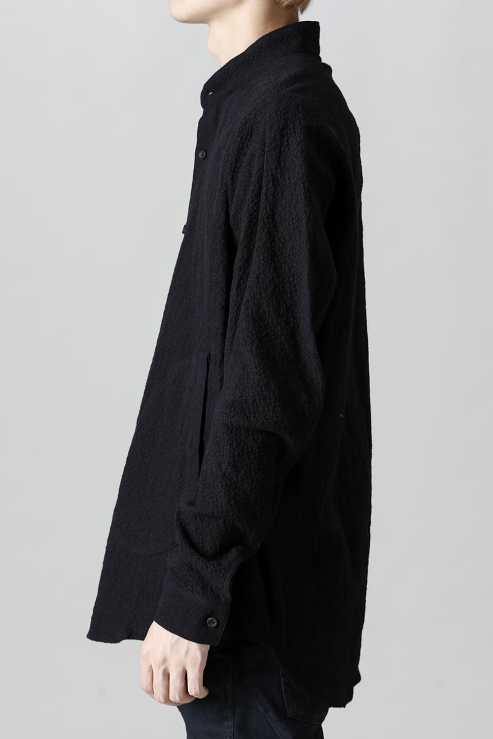 Wool x Cotton Dimple Washer Band Collar Shirt Black