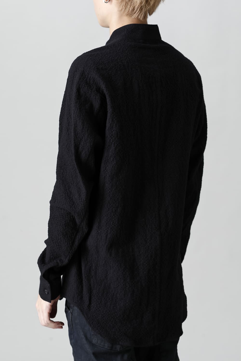 Wool x Cotton Dimple Washer Band Collar Shirt Black