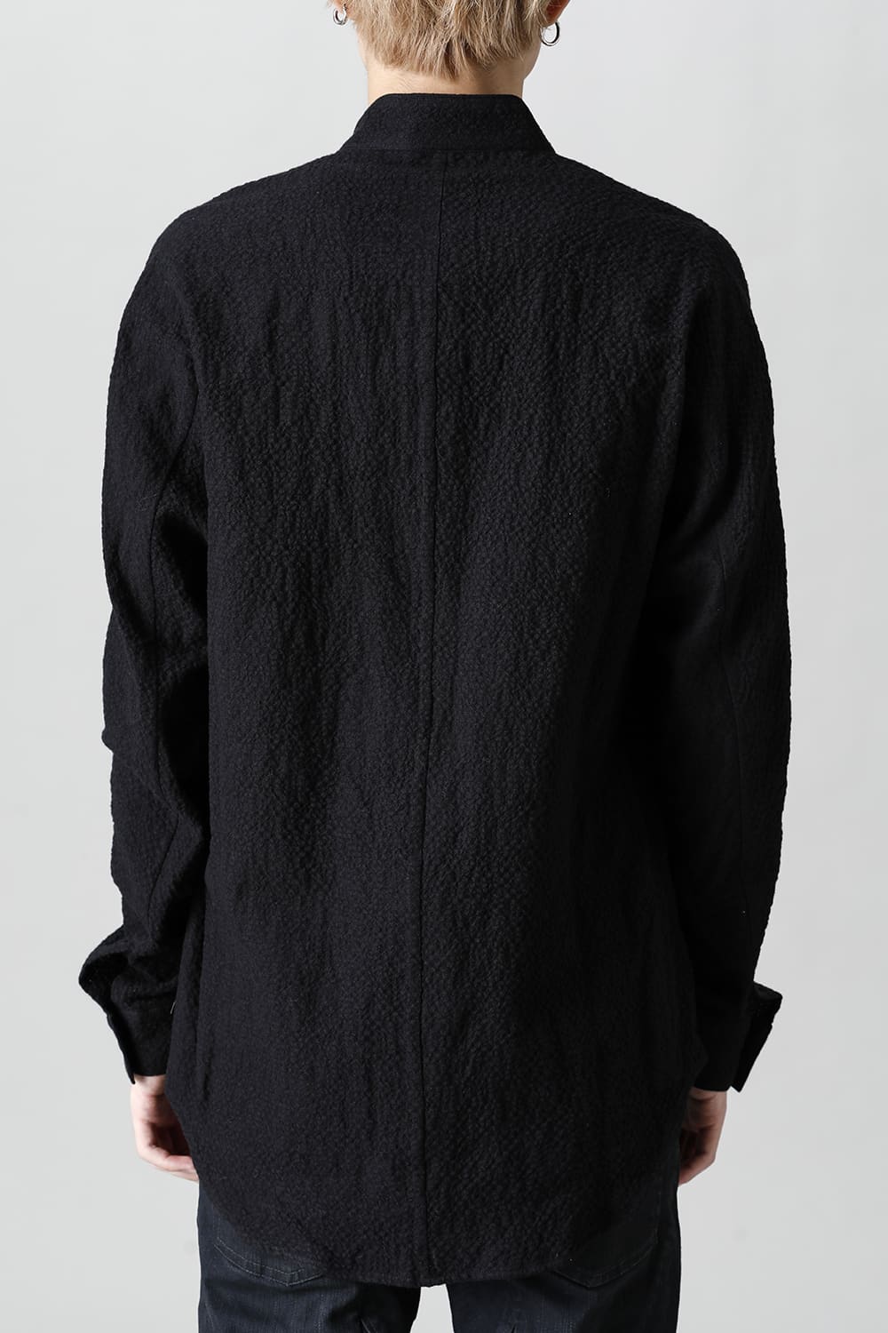 Wool x Cotton Dimple Washer Band Collar Shirt Black