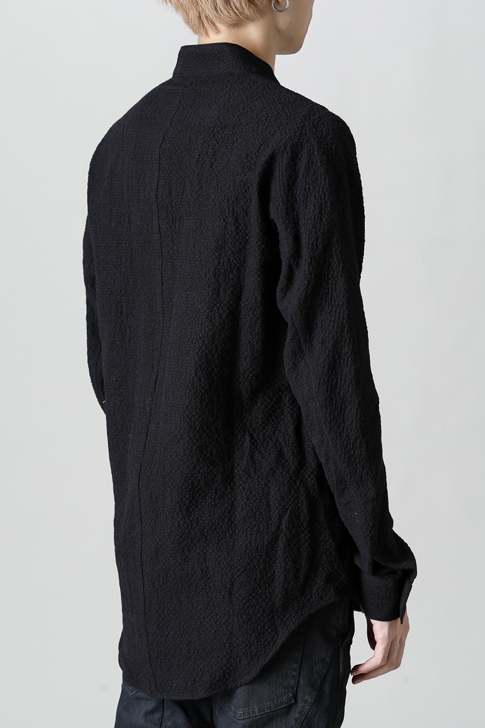 Wool x Cotton Dimple Washer Band Collar Shirt Black