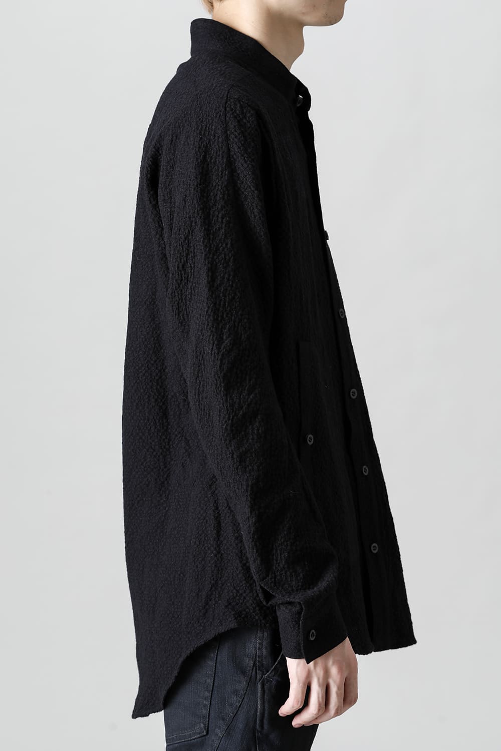 Wool x Cotton Dimple Washer Band Collar Shirt Black