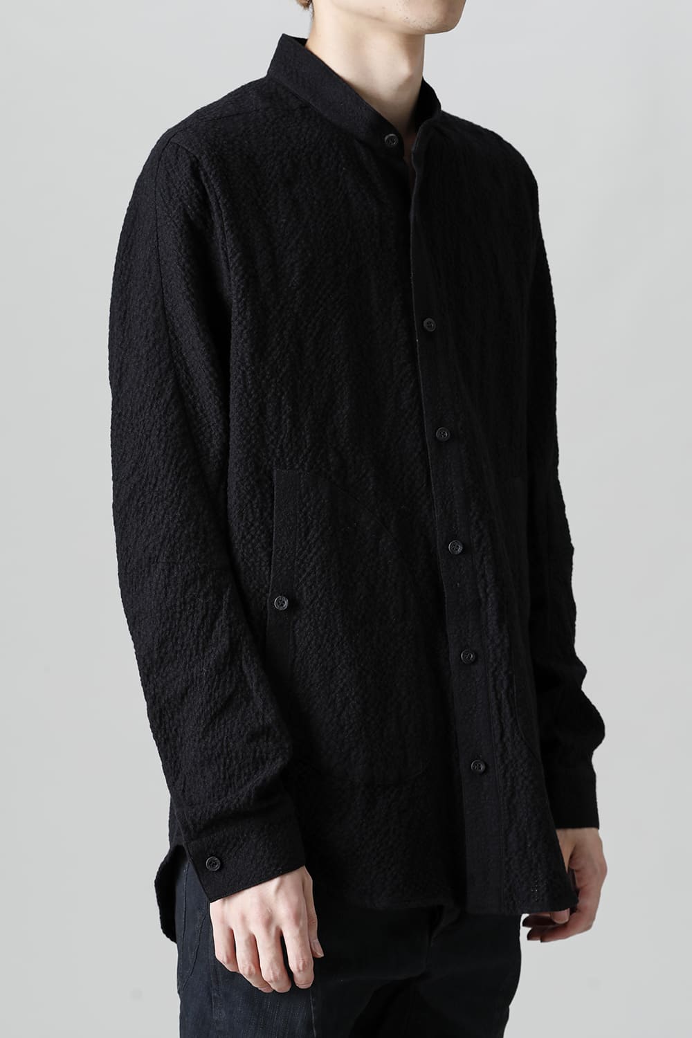 Wool x Cotton Dimple Washer Band Collar Shirt Black