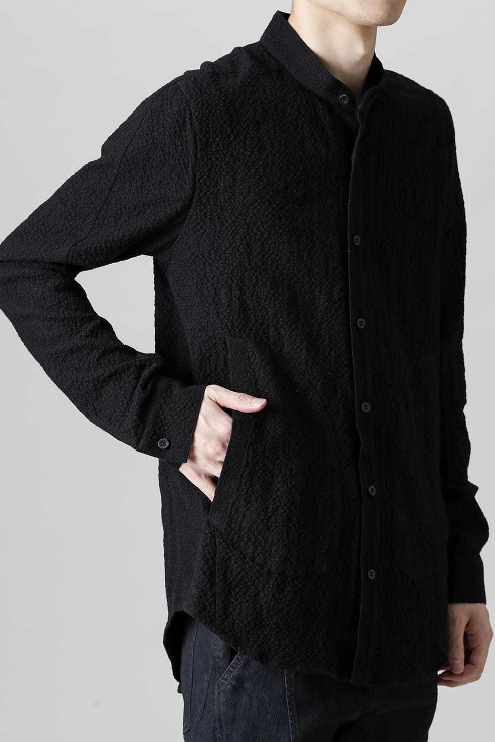 Wool x Cotton Dimple Washer Band Collar Shirt Black