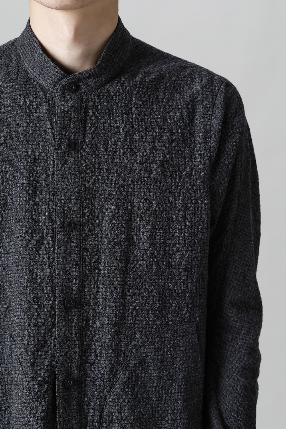 Wool x Cotton Dimple Washer Band Collar Shirt Charcoal