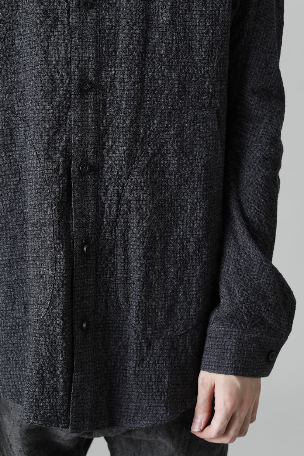 Wool x Cotton Dimple Washer Band Collar Shirt Charcoal