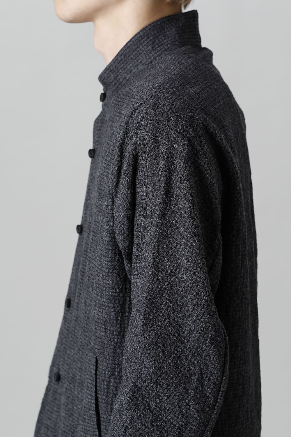 Wool x Cotton Dimple Washer Band Collar Shirt Charcoal