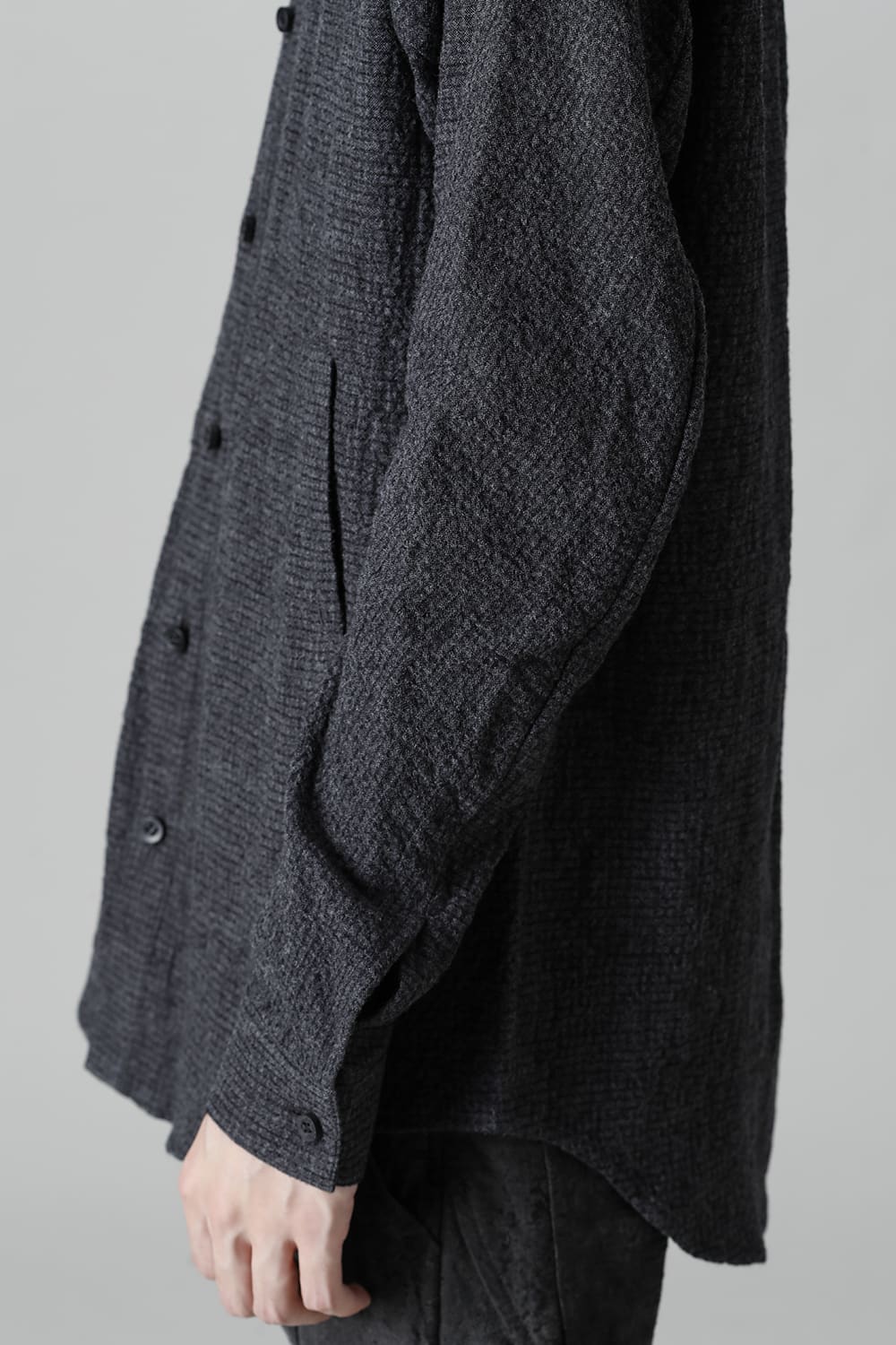 Wool x Cotton Dimple Washer Band Collar Shirt Charcoal