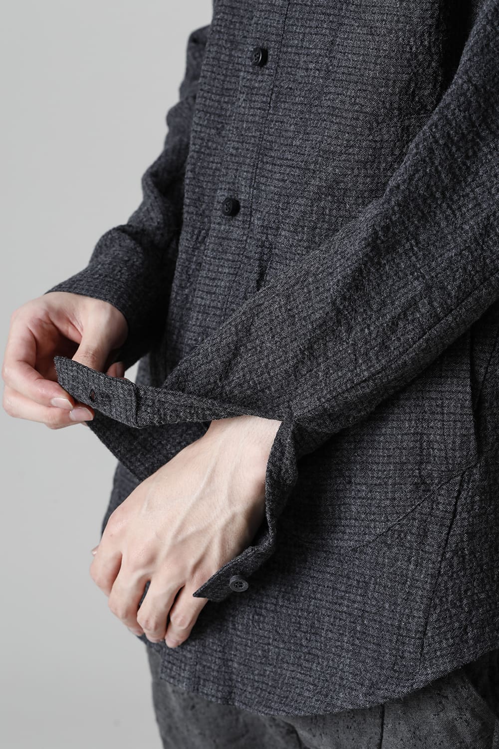 Wool x Cotton Dimple Washer Band Collar Shirt Charcoal