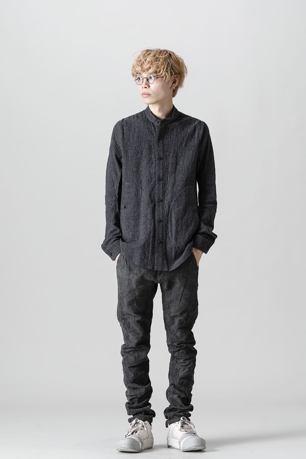 Wool x Cotton Dimple Washer Band Collar Shirt Charcoal