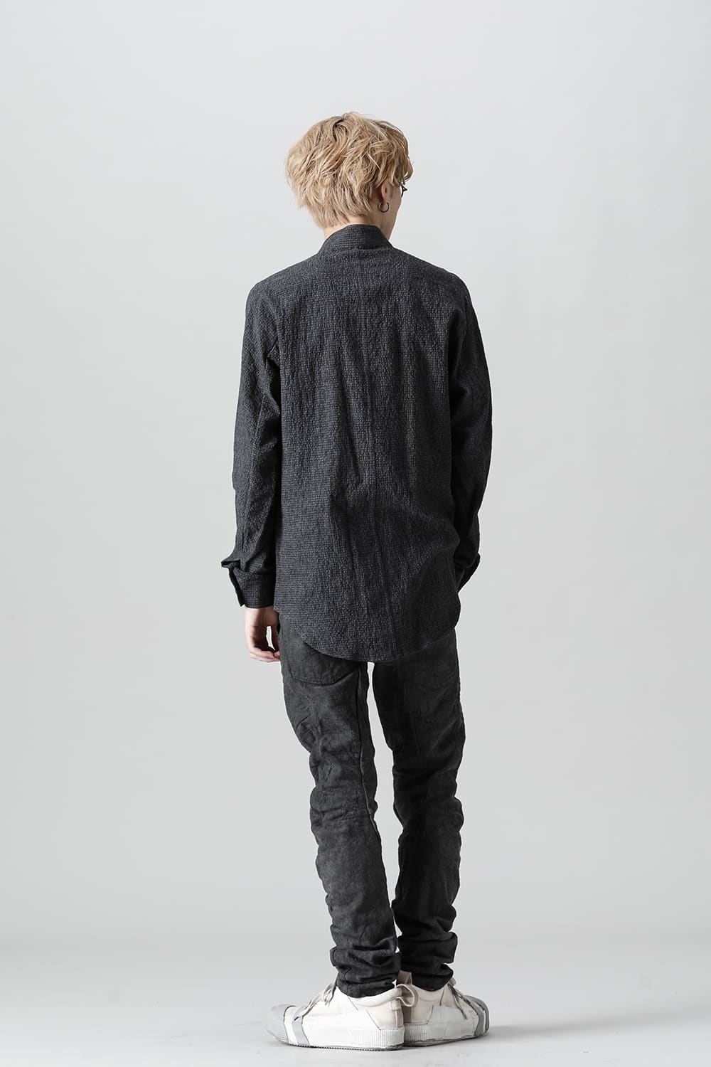 Wool x Cotton Dimple Washer Band Collar Shirt Charcoal