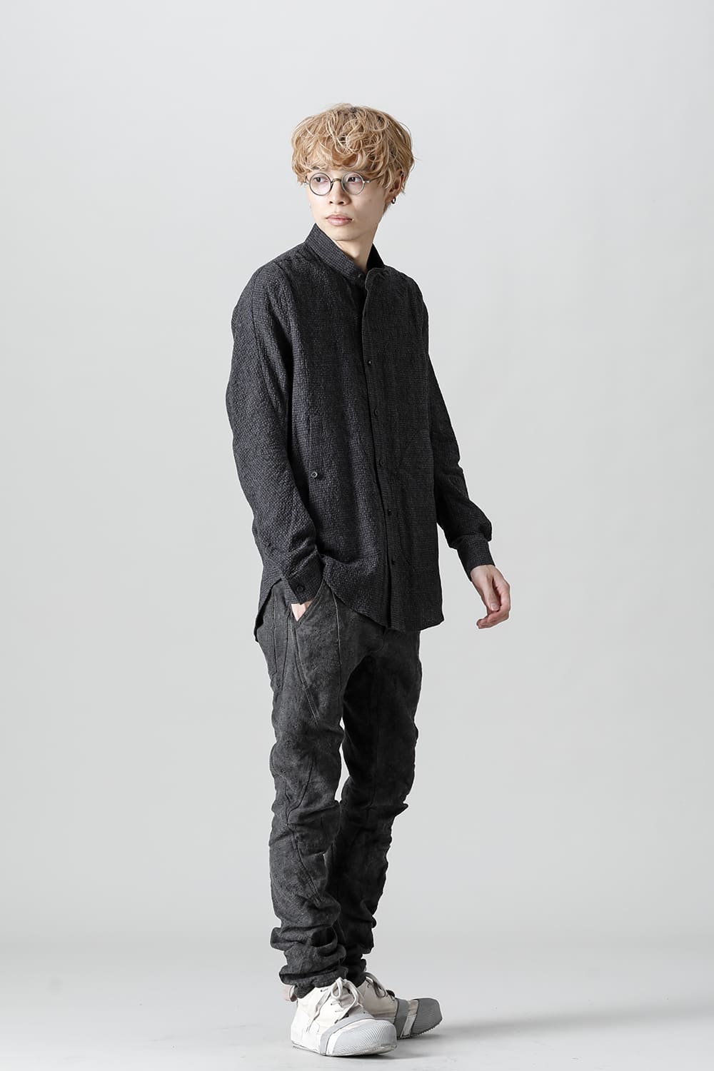 Wool x Cotton Dimple Washer Band Collar Shirt Charcoal