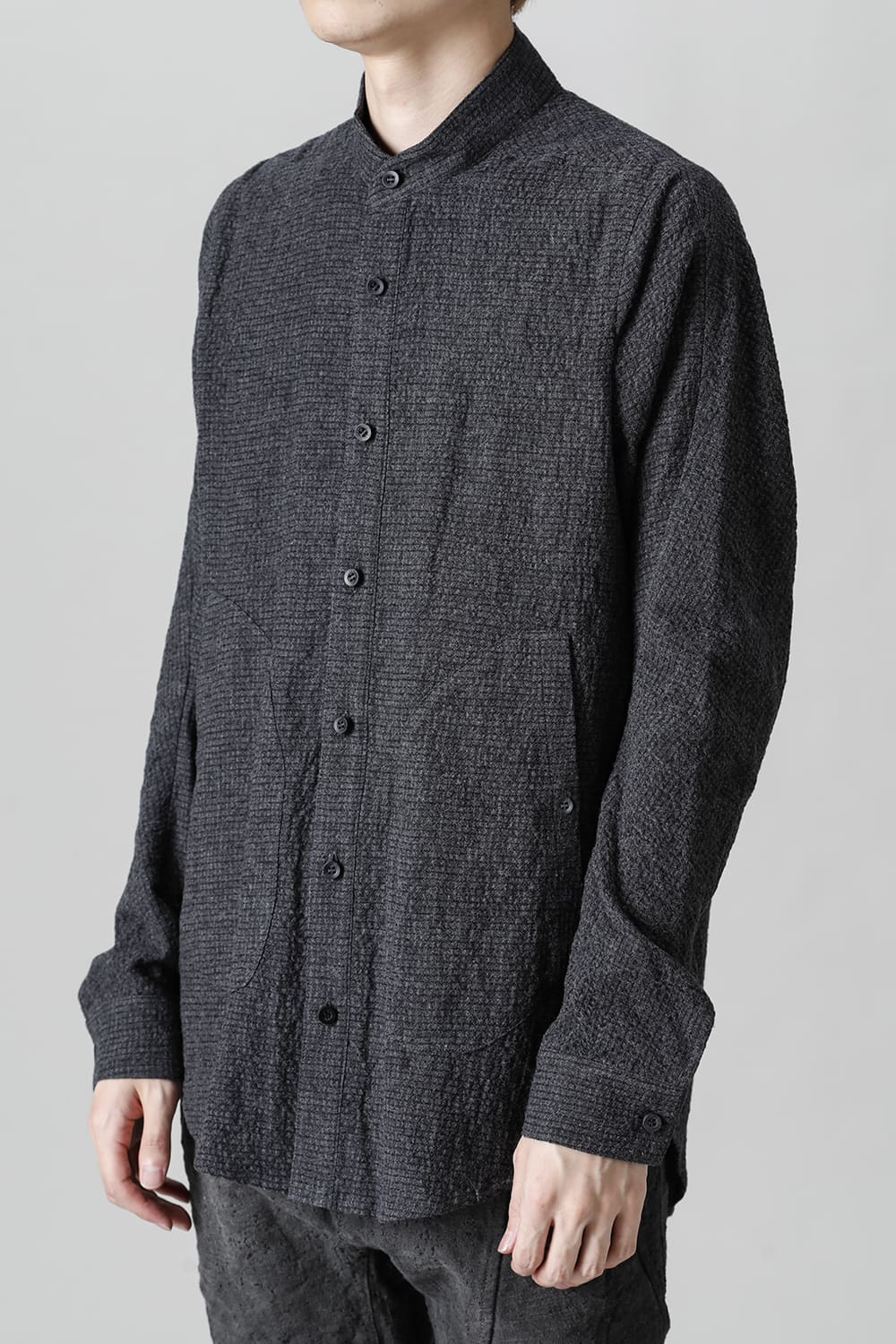 Wool x Cotton Dimple Washer Band Collar Shirt Charcoal