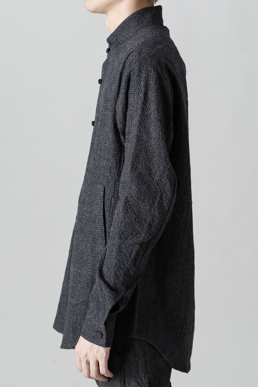 Wool x Cotton Dimple Washer Band Collar Shirt Charcoal