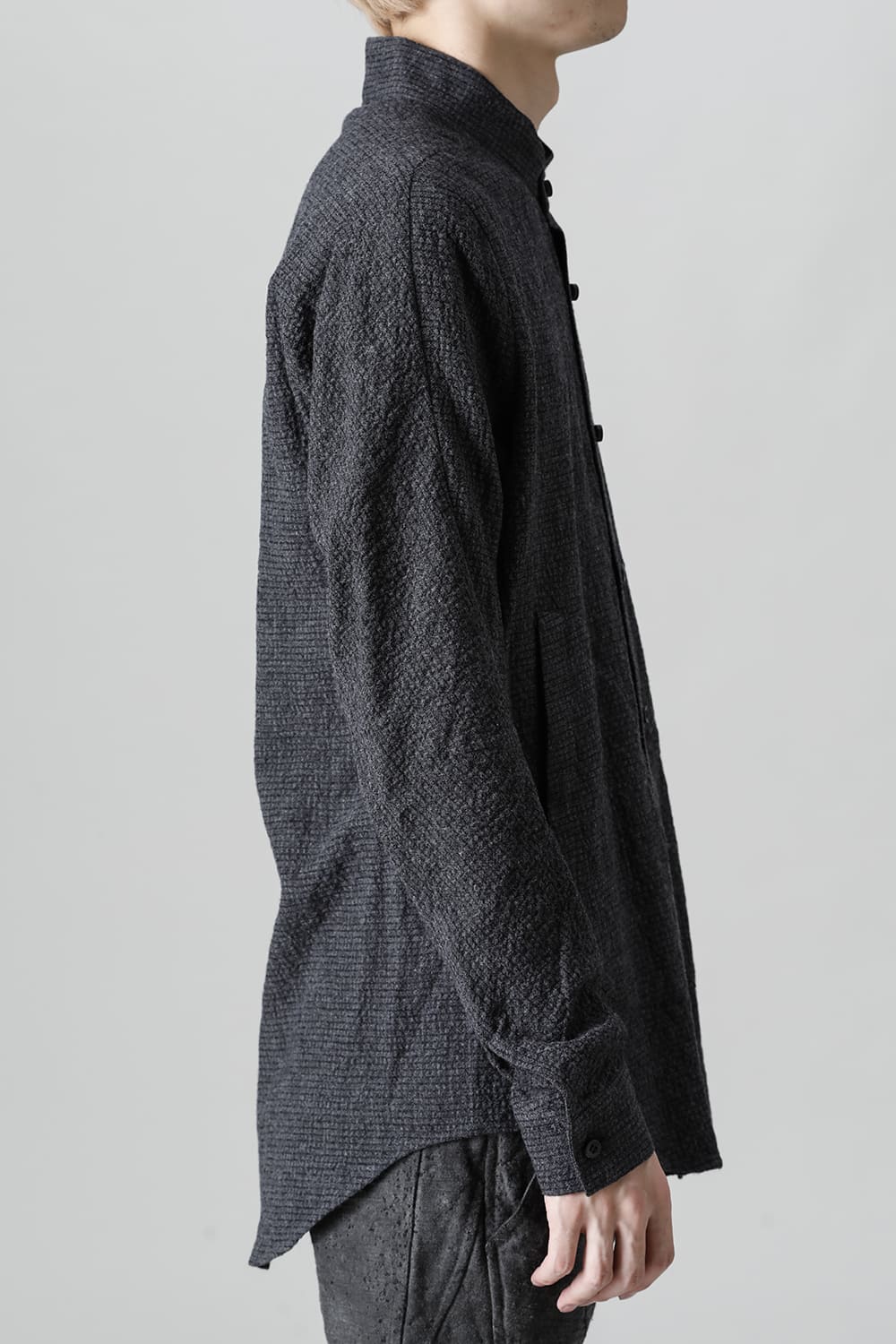 Wool x Cotton Dimple Washer Band Collar Shirt Charcoal