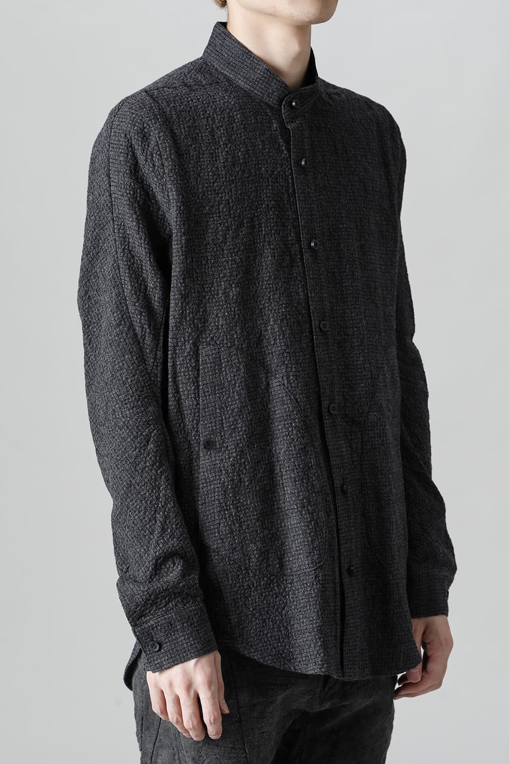 Wool x Cotton Dimple Washer Band Collar Shirt Charcoal