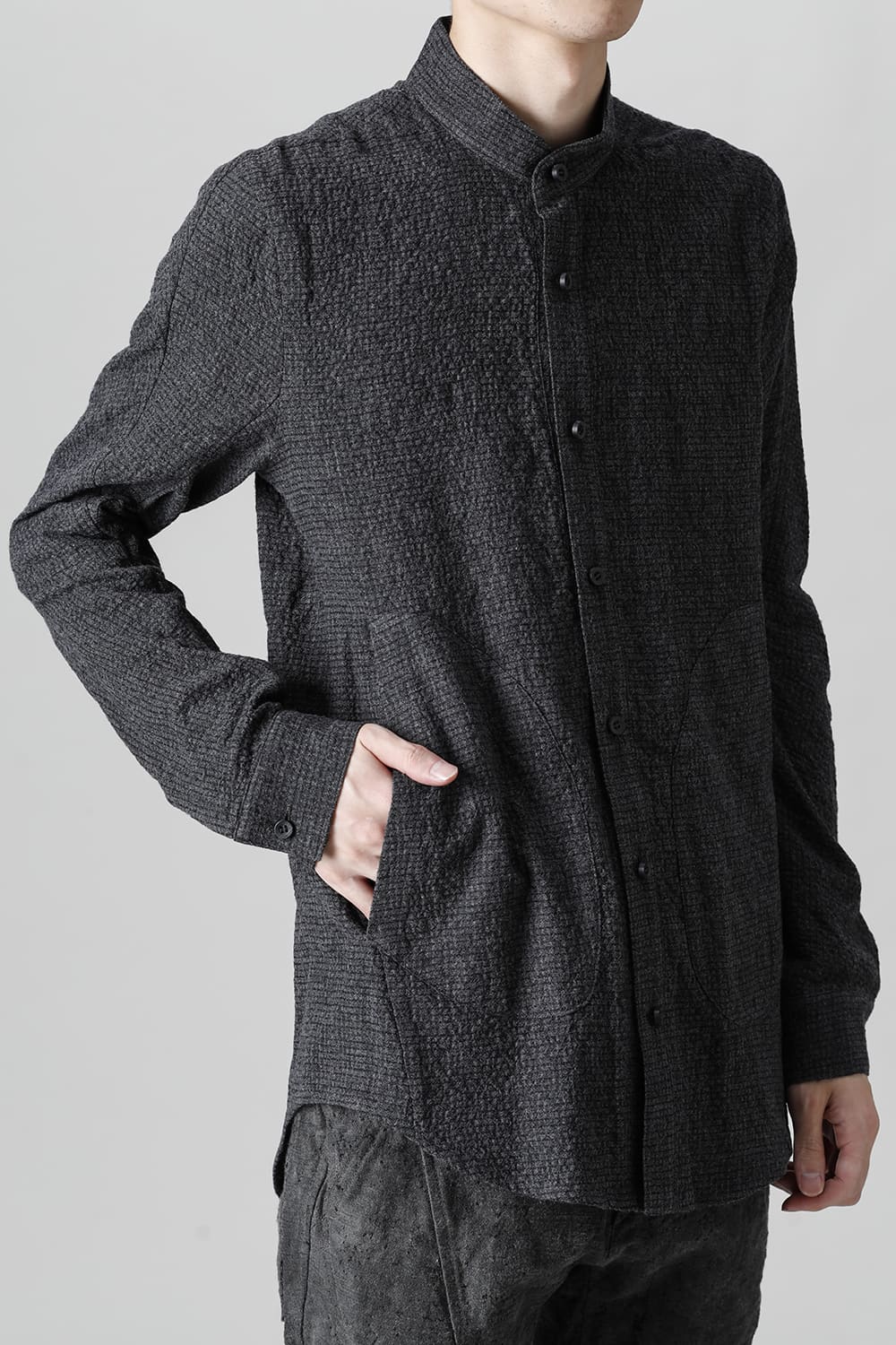 Wool x Cotton Dimple Washer Band Collar Shirt Charcoal