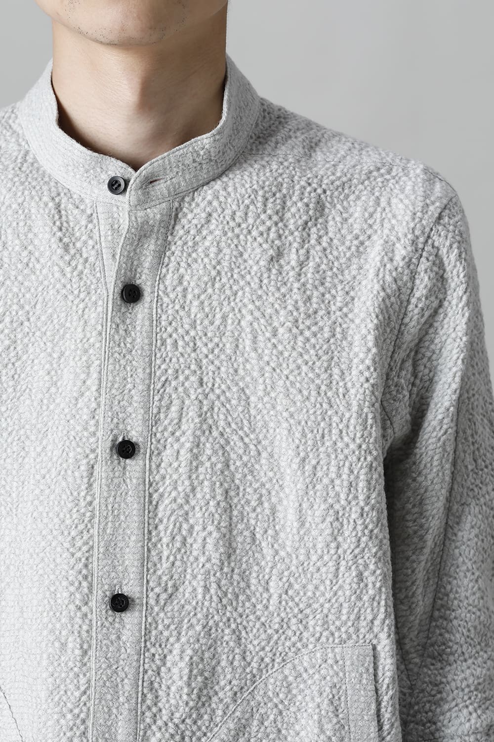 Wool x Cotton Dimple Washer Band Collar Shirt Gray