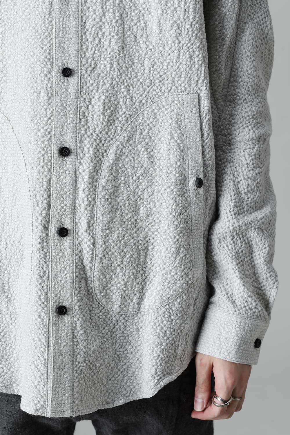 Wool x Cotton Dimple Washer Band Collar Shirt Gray