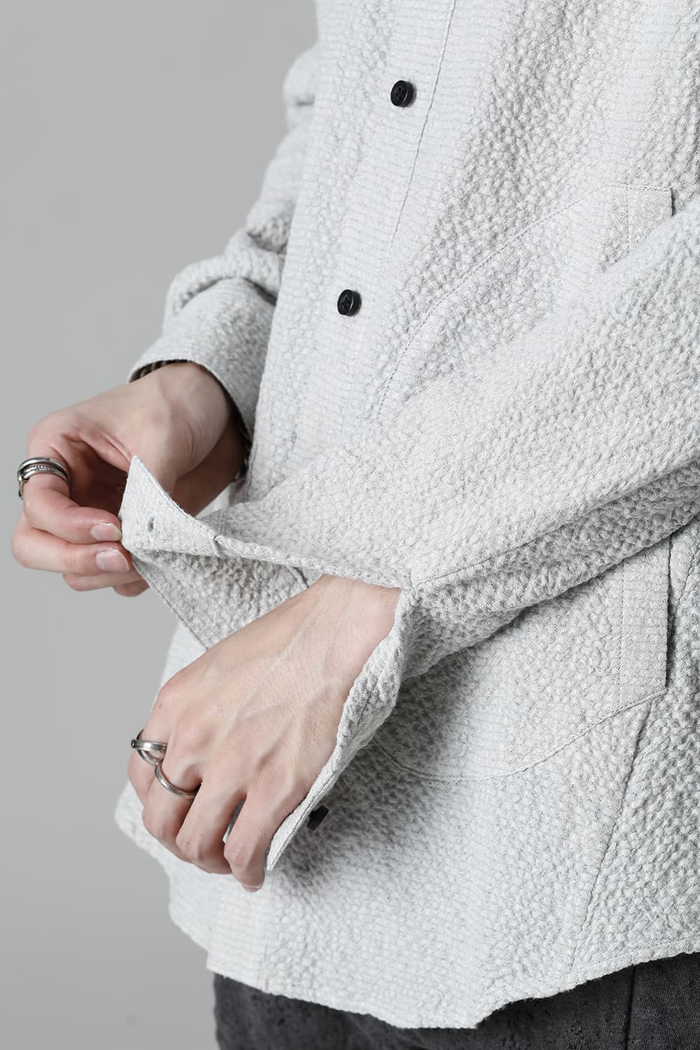 Wool x Cotton Dimple Washer Band Collar Shirt Gray