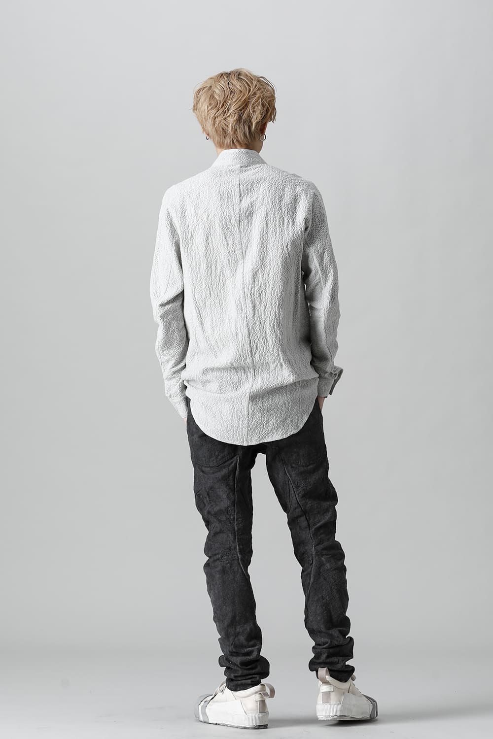 Wool x Cotton Dimple Washer Band Collar Shirt Gray