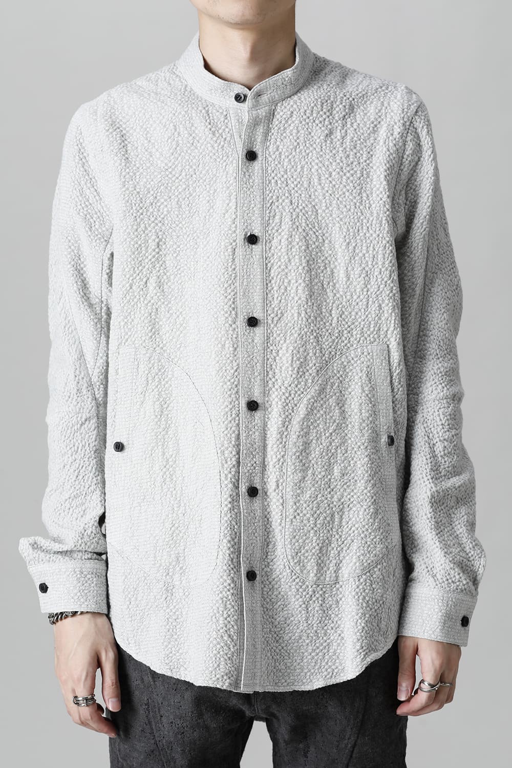 Wool x Cotton Dimple Washer Band Collar Shirt Gray