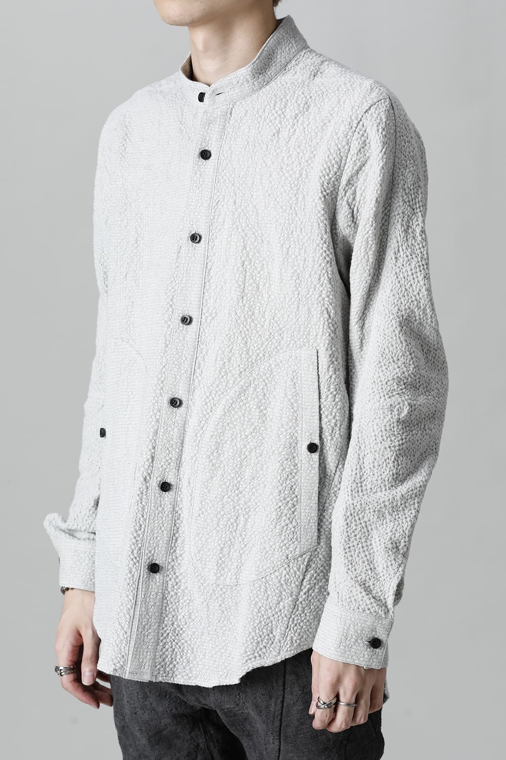 Wool x Cotton Dimple Washer Band Collar Shirt Gray