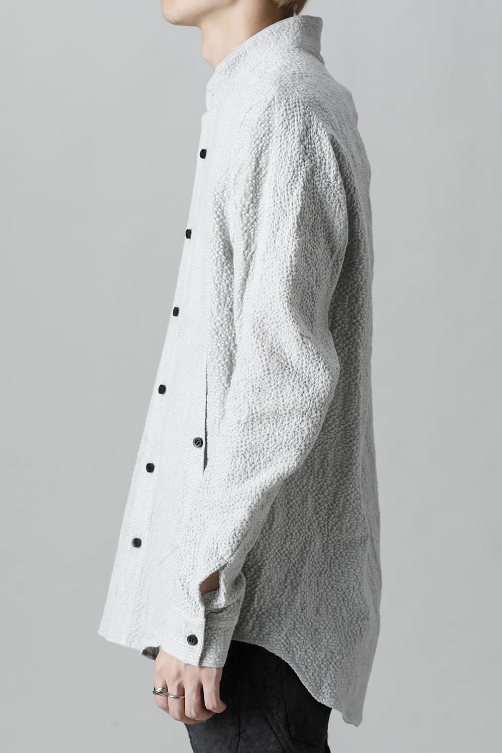 Wool x Cotton Dimple Washer Band Collar Shirt Gray