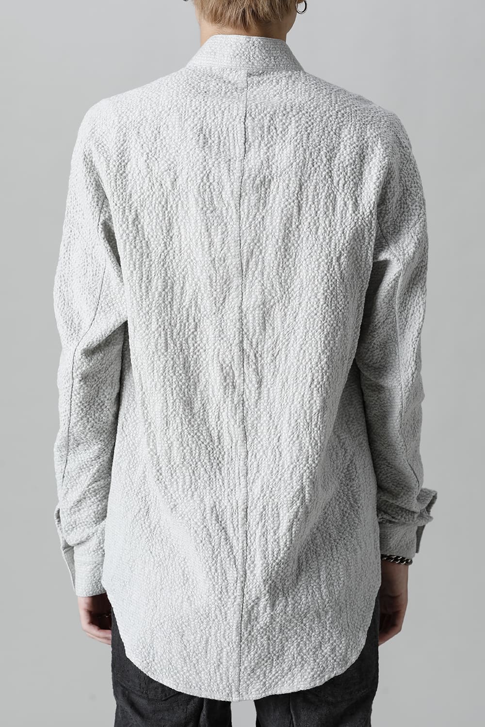 Wool x Cotton Dimple Washer Band Collar Shirt Gray