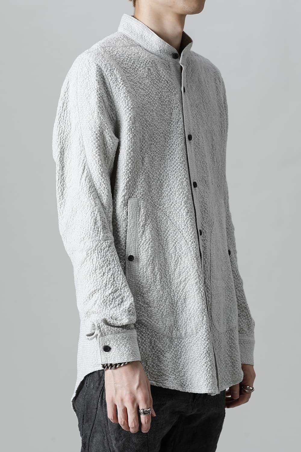 Wool x Cotton Dimple Washer Band Collar Shirt Gray