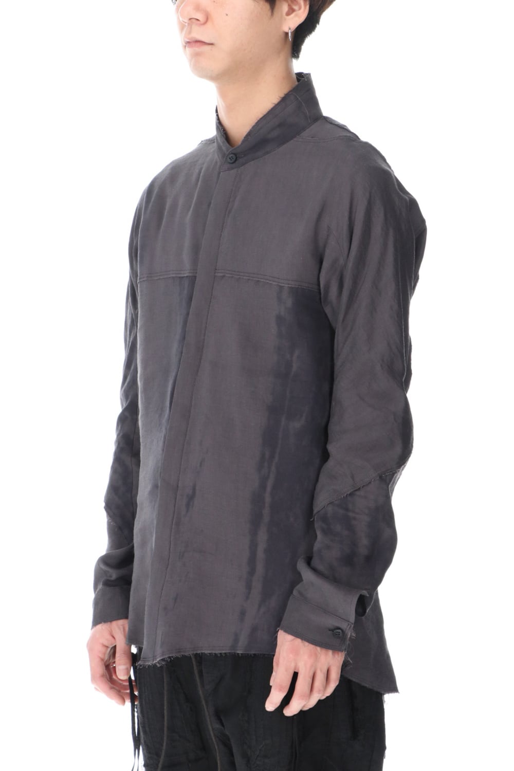 リネン×レーヨンプリントバンドカラーシャツ Charcoal