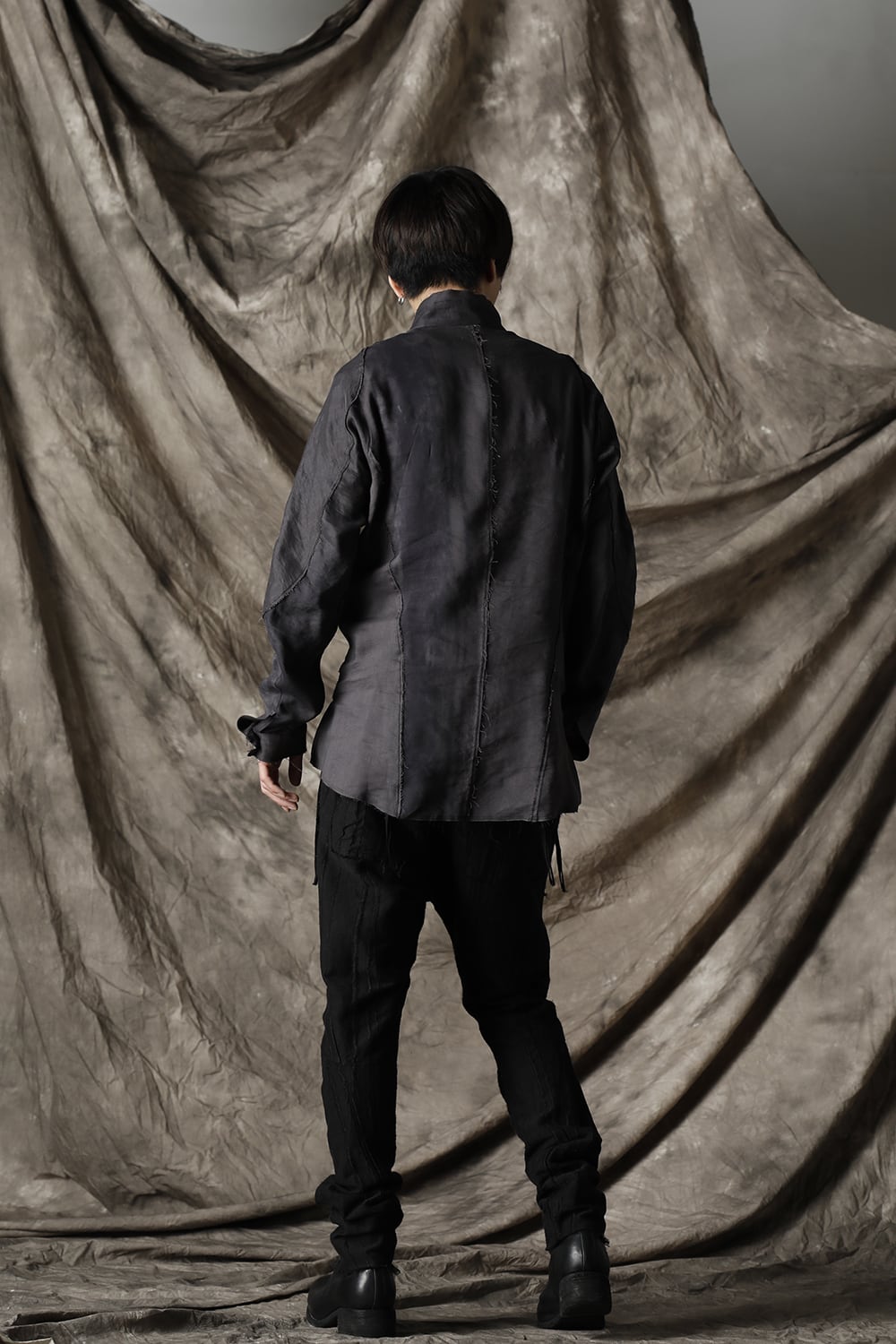 リネン×レーヨンプリントバンドカラーシャツ Charcoal