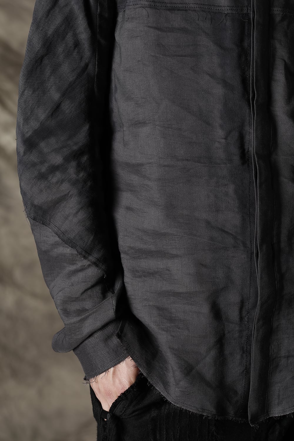 リネン×レーヨンプリントバンドカラーシャツ Charcoal