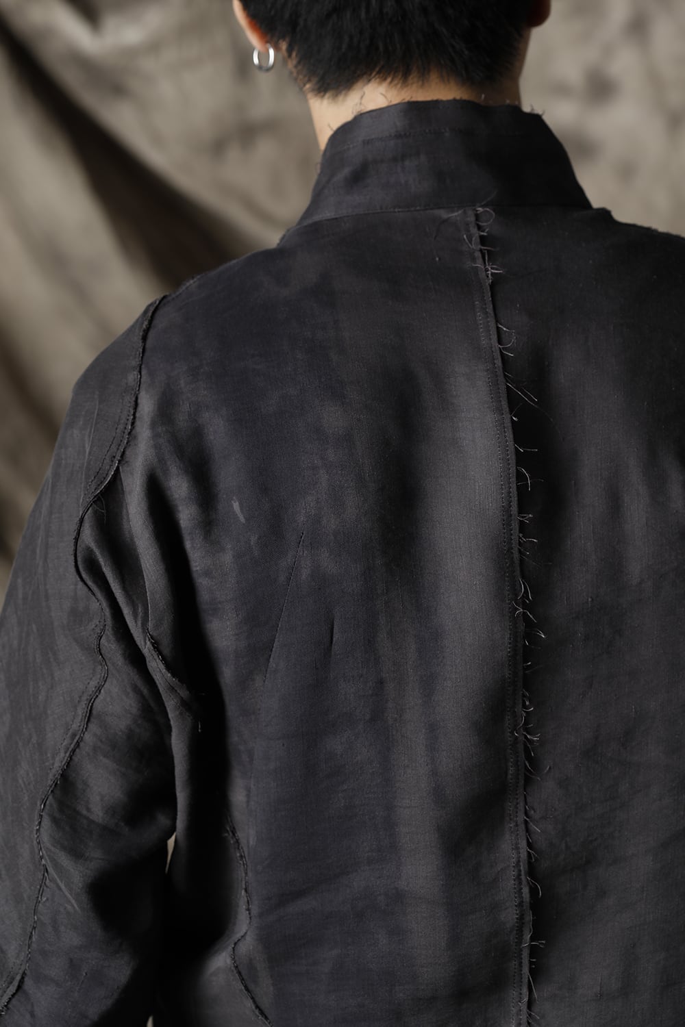 リネン×レーヨンプリントバンドカラーシャツ Charcoal