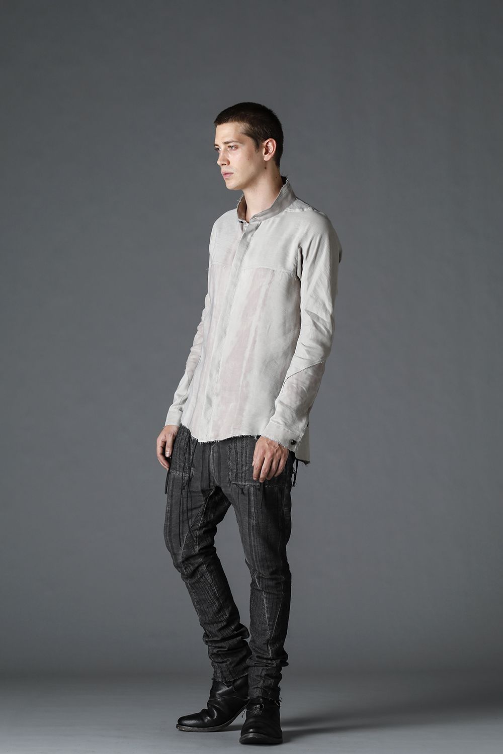 リネン×レーヨンプリントバンドカラーシャツ Dusty White