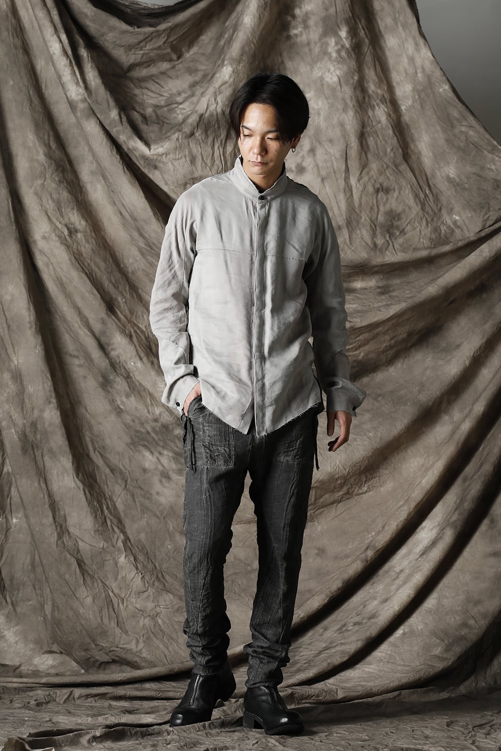 リネン×レーヨンプリントバンドカラーシャツ Dusty White