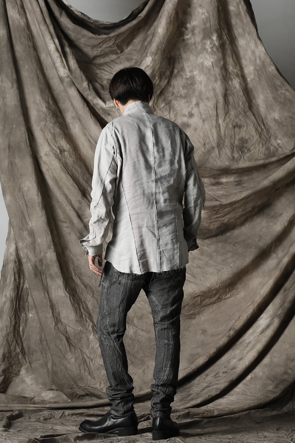 リネン×レーヨンプリントバンドカラーシャツ Dusty White