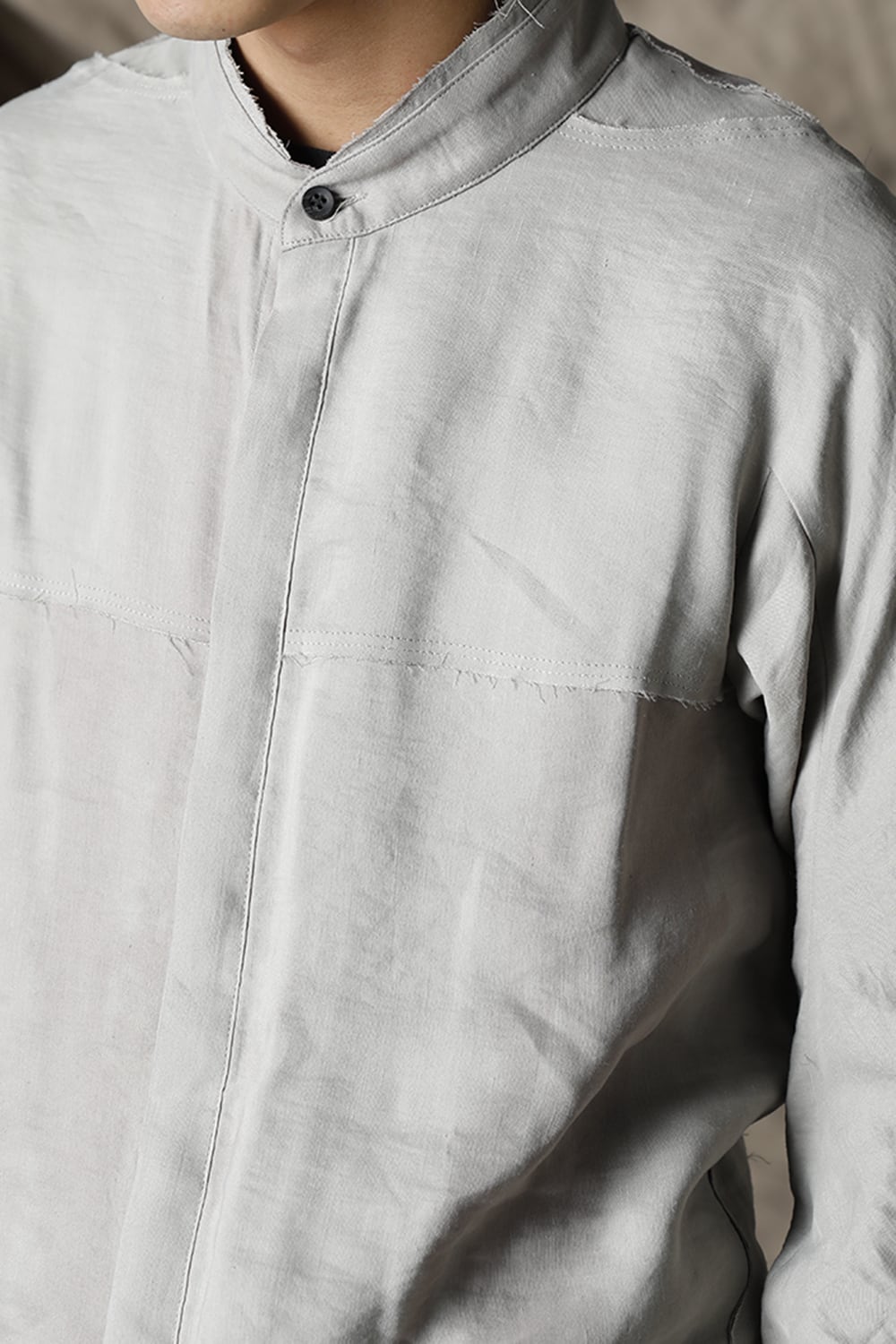 リネン×レーヨンプリントバンドカラーシャツ Dusty White