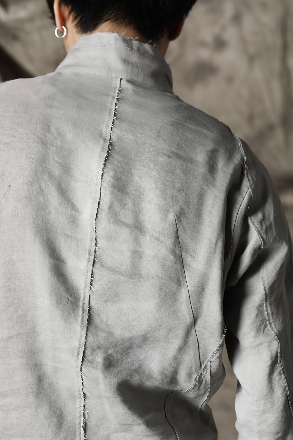 リネン×レーヨンプリントバンドカラーシャツ Dusty White