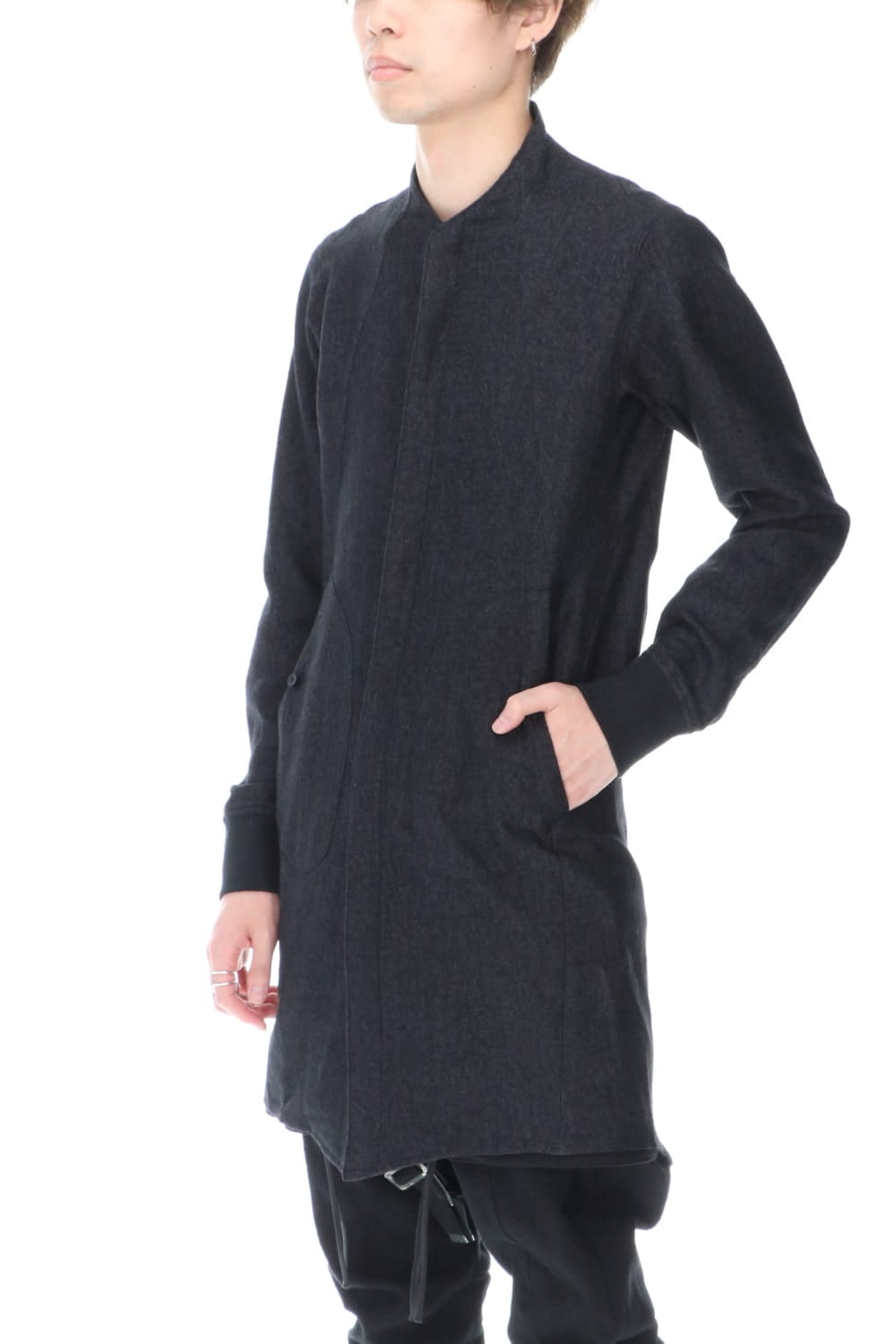 Wool Linen Minimal High neck Long shirt Black