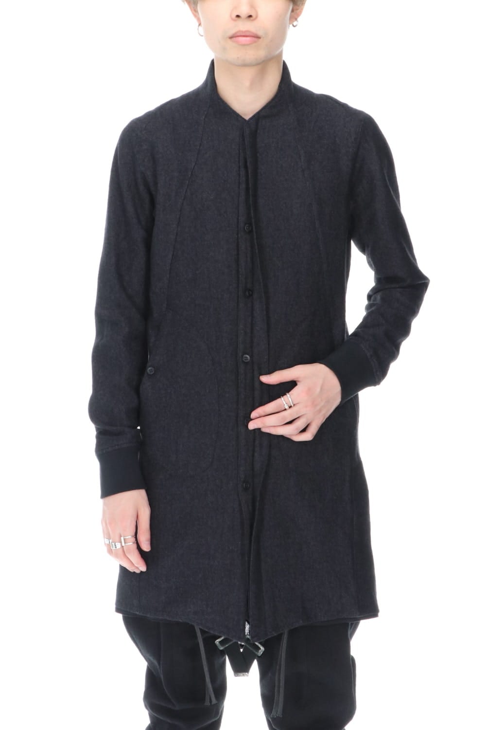 Wool Linen Minimal High neck Long shirt Black