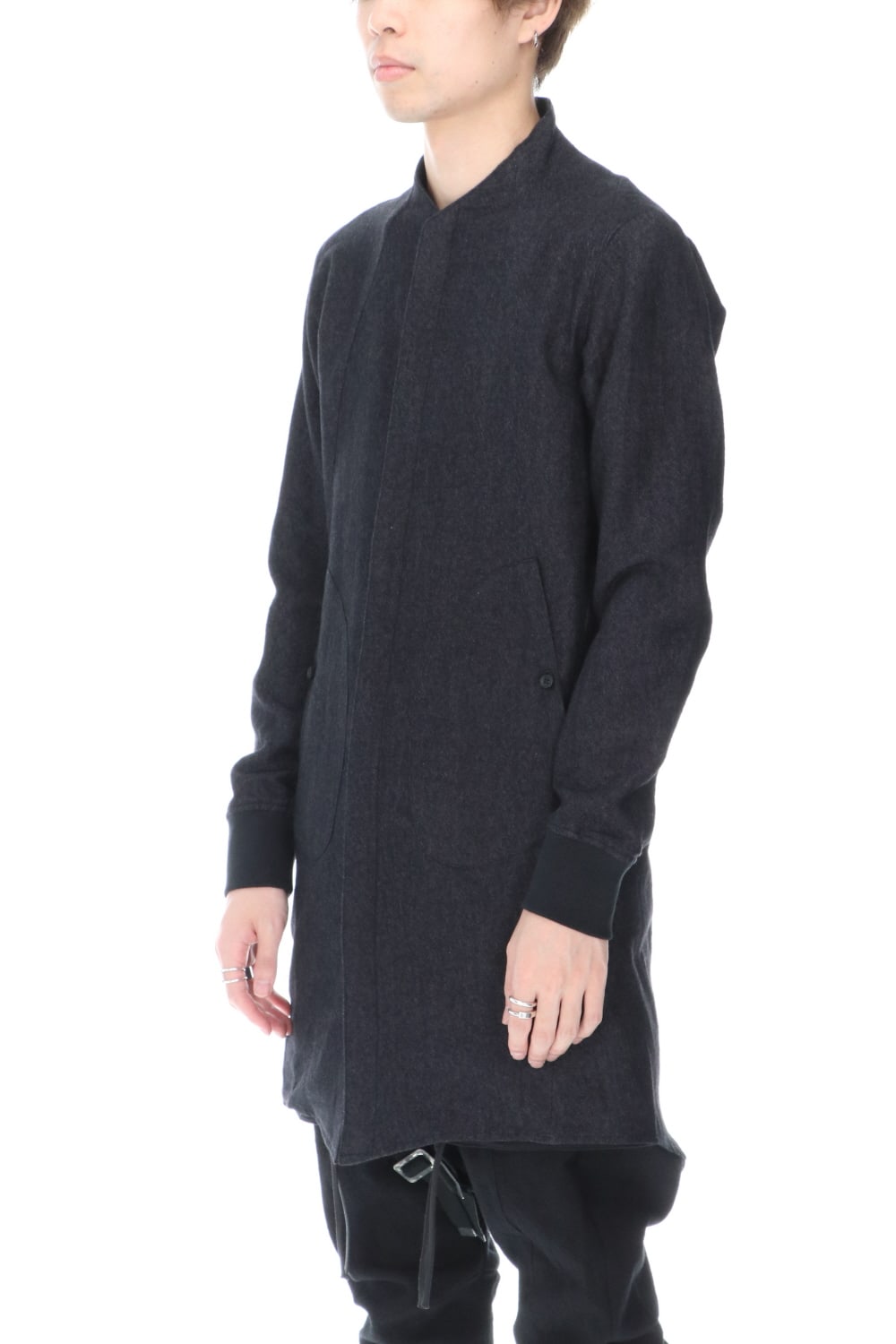 Wool Linen Minimal High neck Long shirt Black