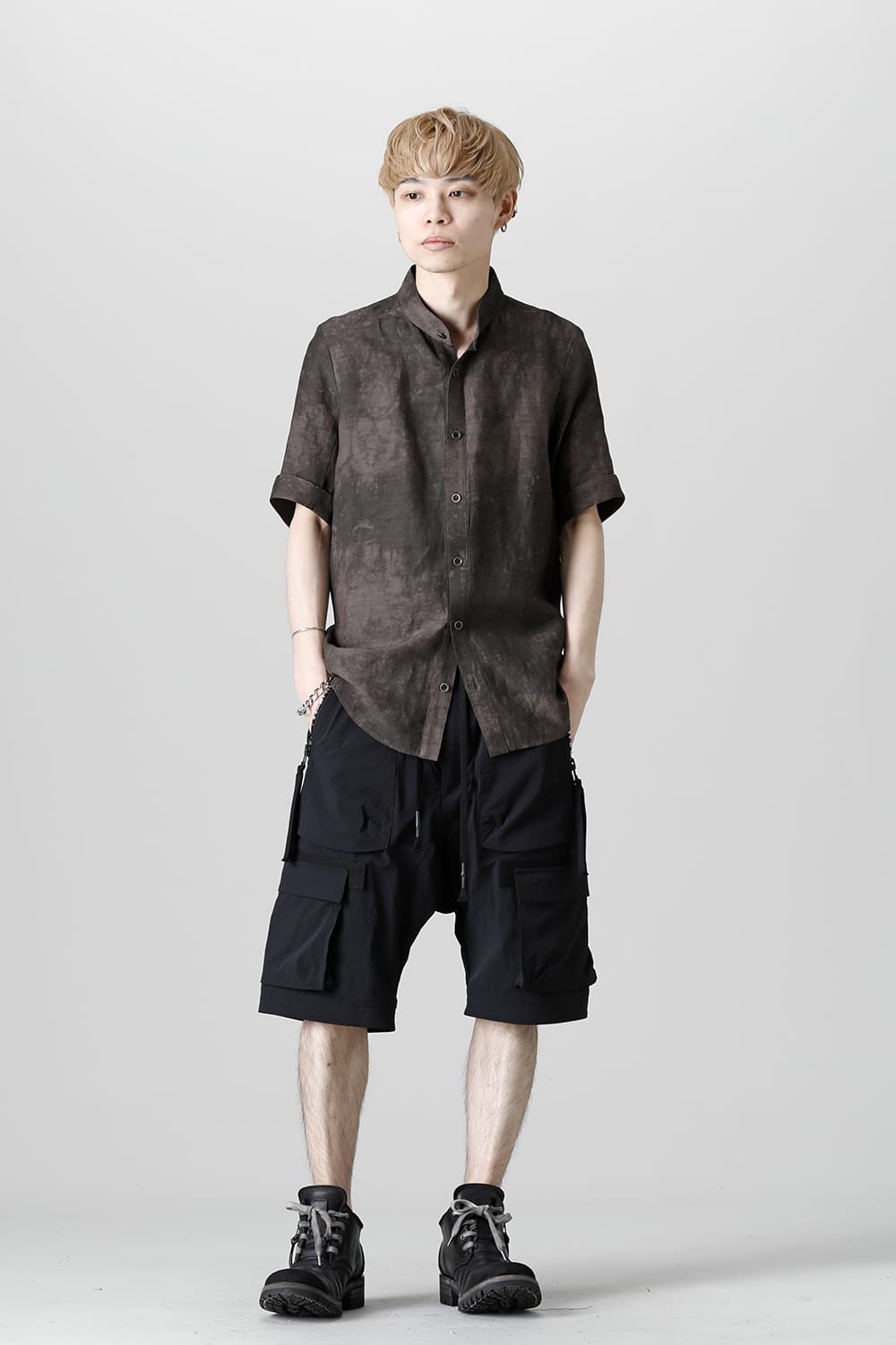 Uneven Dyed Rayon×Linen×Ramie Band Coller Short Sleeves Shirt  Charcoal