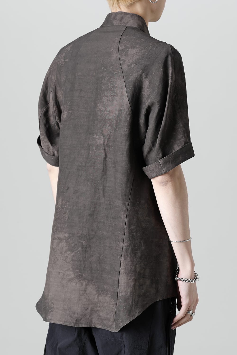 Uneven Dyed Rayon×Linen×Ramie Band Coller Short Sleeves Shirt  Charcoal