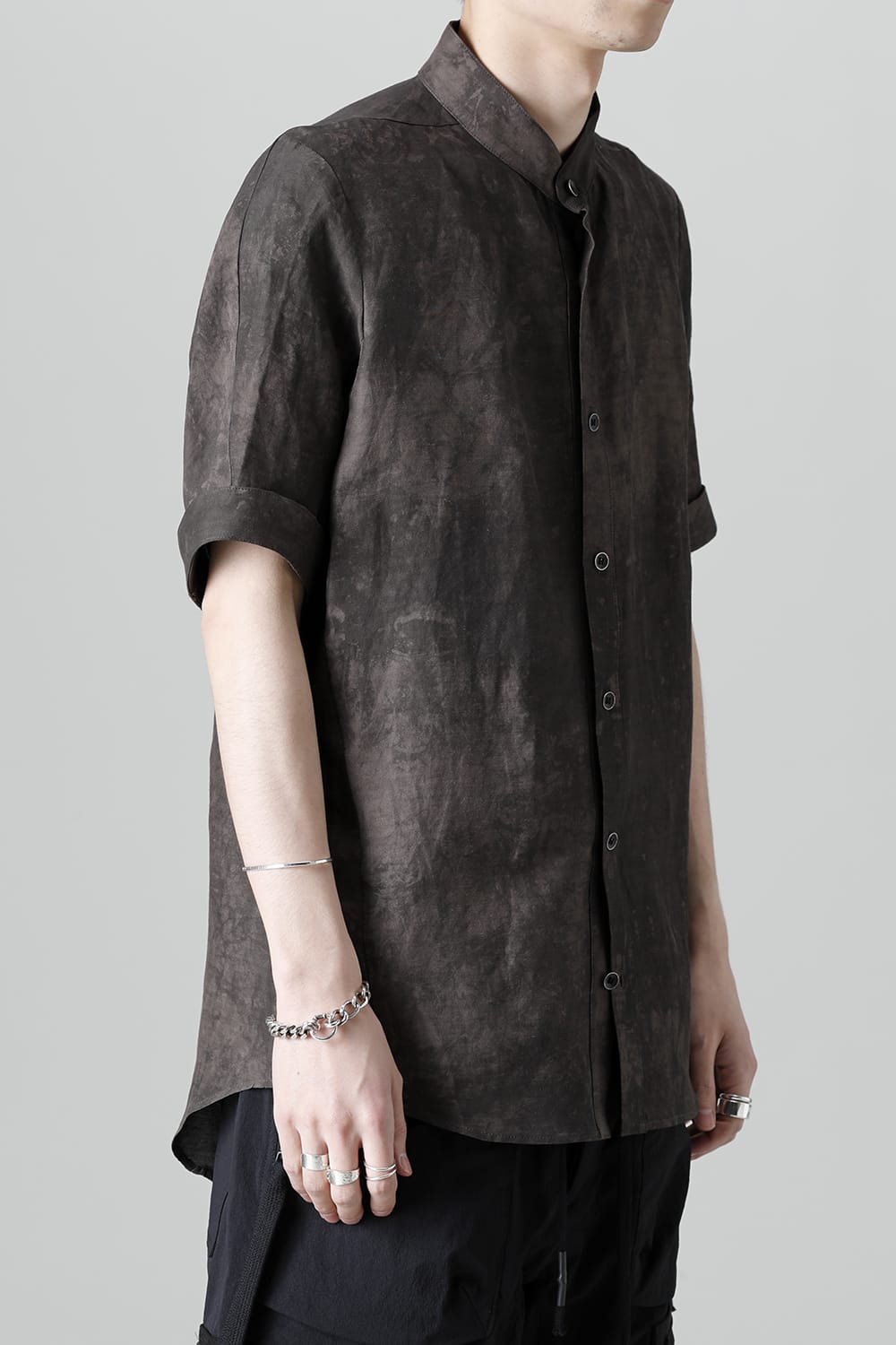 Uneven Dyed Rayon×Linen×Ramie Band Coller Short Sleeves Shirt  Charcoal