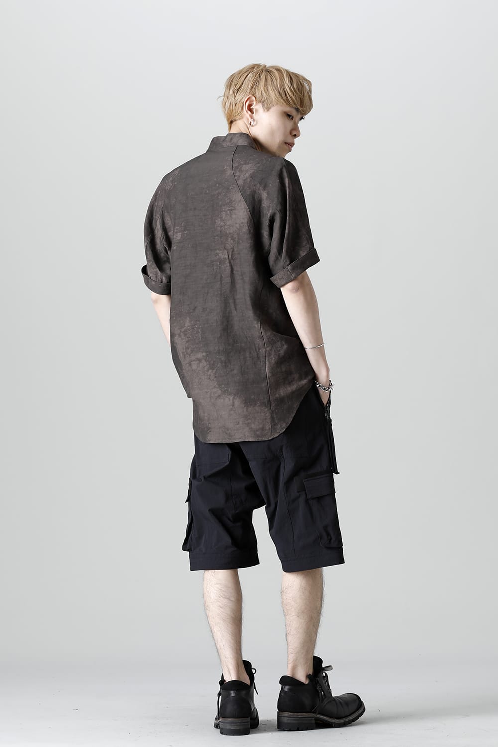 Uneven Dyed Rayon×Linen×Ramie Band Coller Short Sleeves Shirt  Charcoal