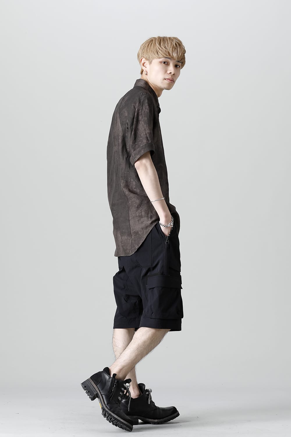 Uneven Dyed Rayon×Linen×Ramie Band Coller Short Sleeves Shirt  Charcoal