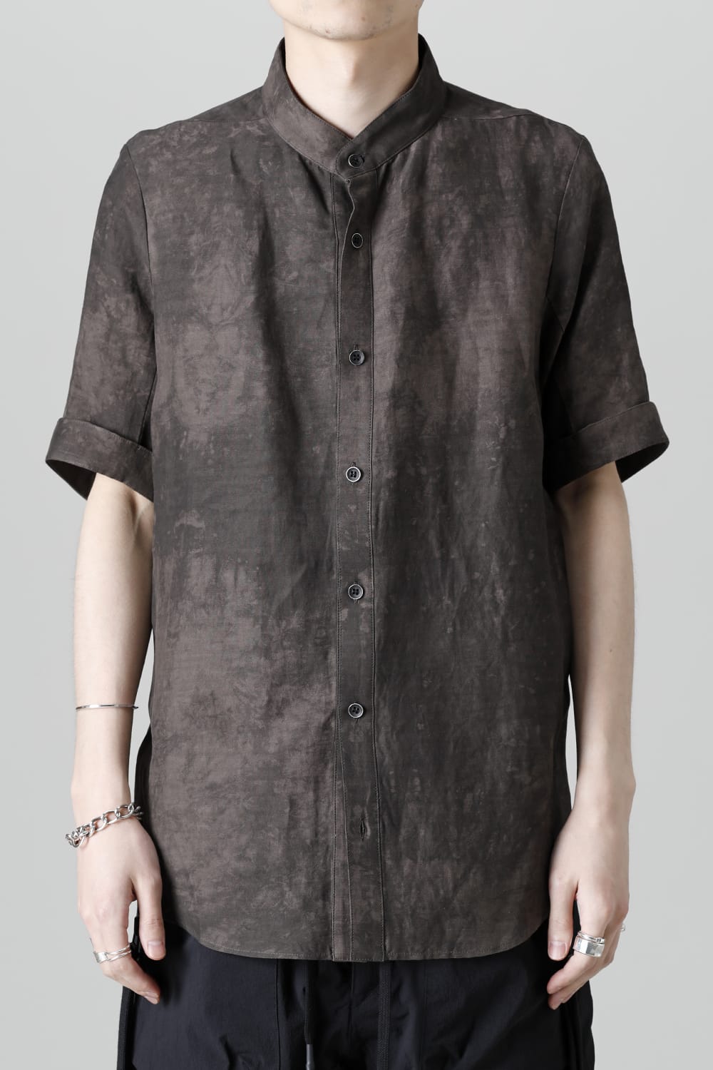 Uneven Dyed Rayon×Linen×Ramie Band Coller Short Sleeves Shirt  Charcoal