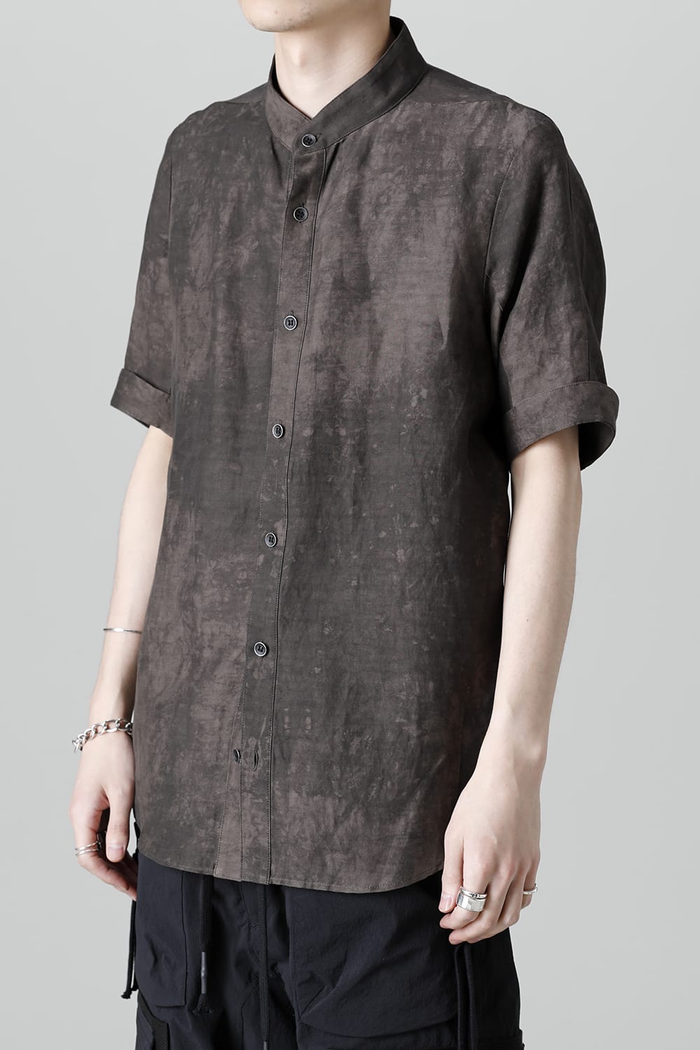 Uneven Dyed Rayon×Linen×Ramie Band Coller Short Sleeves Shirt  Charcoal